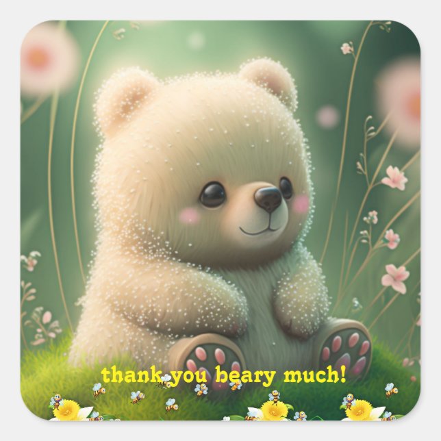 Cute Teddy Bear in Garden Personalised Thank you Square Sticker (Front)