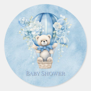 Cute Teddy Bear In Hot Air Balloon Boy Baby Shower Classic Round Sticker