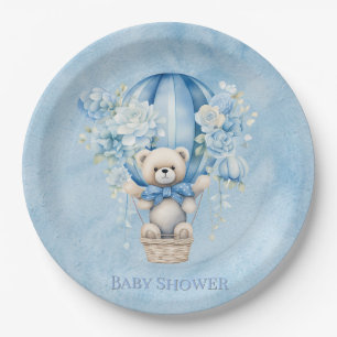 Cute Teddy Bear In Hot Air Balloon Boy Baby Shower Paper Plate