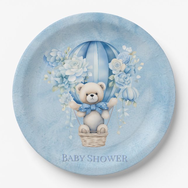 Cute Teddy Bear In Hot Air Balloon Boy Baby Shower Paper Plate (Front)