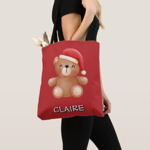 Cute Teddy Bear in Santa Hat Custom Name Tote Bag