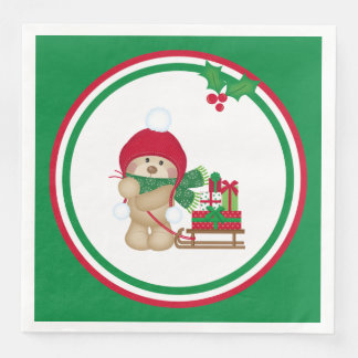 Cute Teddy Bear in Winter Hat Sled of Gifts Napkin
