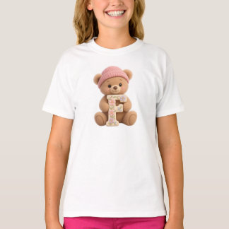 Cute Teddy Bear Initial F Floral Girls T-Shirt