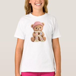 Cute Teddy Bear Initial R Floral Girls T-Shirt