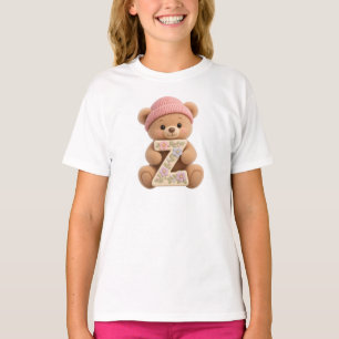 Cute Teddy Bear Initial Z Floral Girls T-Shirt