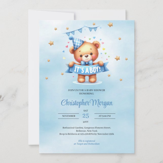 Cute teddy bear it's a boy baby shower invitation (Front)