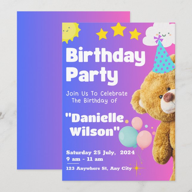 Cute Teddy Bear Kids Star Birthday Party Gifts Invitation (Front/Back)
