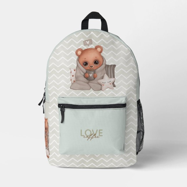 Cute Teddy Bear Love Coffee Printed Backpack (Front)