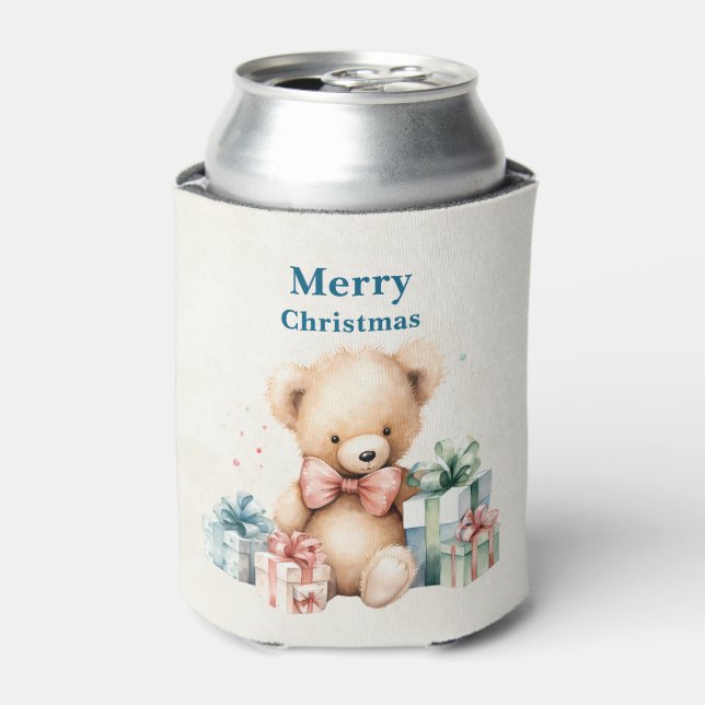 Cute Teddy Bear Merry Christmas Can Cooler (Can Front)