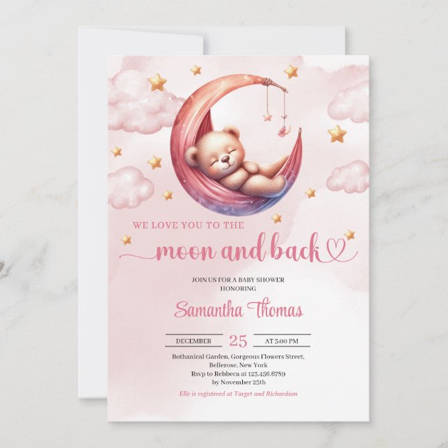 Cute Teddy bear moon and back girl baby shower Invitation (Front)