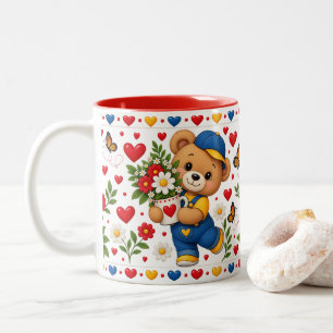 Cute Teddy Bear Mug with Flowers and Hearts