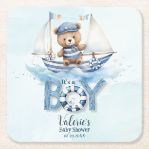 Cute Teddy Bear Nautical Boat Boy Baby Shower Square Paper Coaster