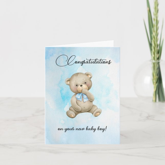 Cute Teddy bear new baby boy congratulations cards (Front)