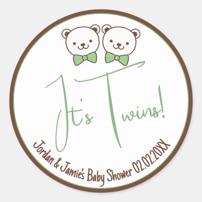 Cute Teddy Bear Nostalgic It's Twins Baby Shower  Classic Round Sticker (Front)