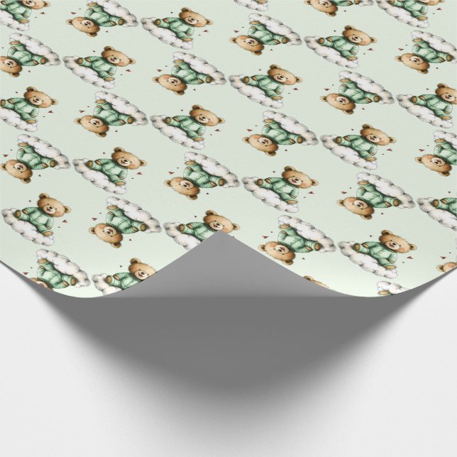 Cute Teddy Bear on a Cloud Green PJs Wrapping Paper (Corner)