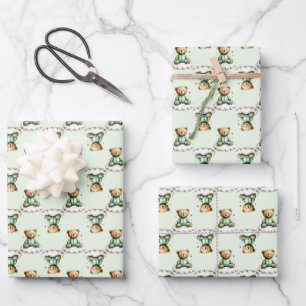 Cute Teddy Bear on a Cloud Green PJs Wrapping Paper Sheet