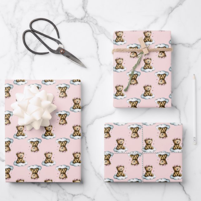 Cute Teddy Bear on a Cloud Pink Hair Bow Wrapping Paper Sheet (Front)