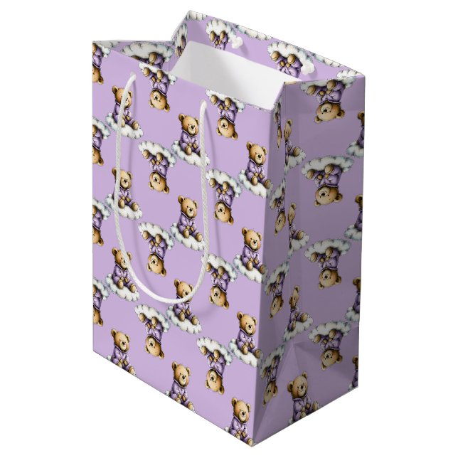 Cute Teddy Bear on a Cloud Purple PJs Medium Gift Bag (Back Angled)