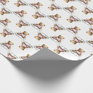 Cute Teddy Bear on a Fluffy Cloud Pink PJs Wrapping Paper
