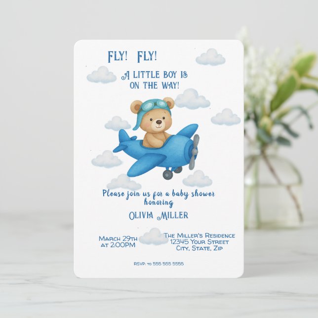 Cute Teddy Bear on Aeroplane Baby Shower Invitatio Invitation (Standing Front)