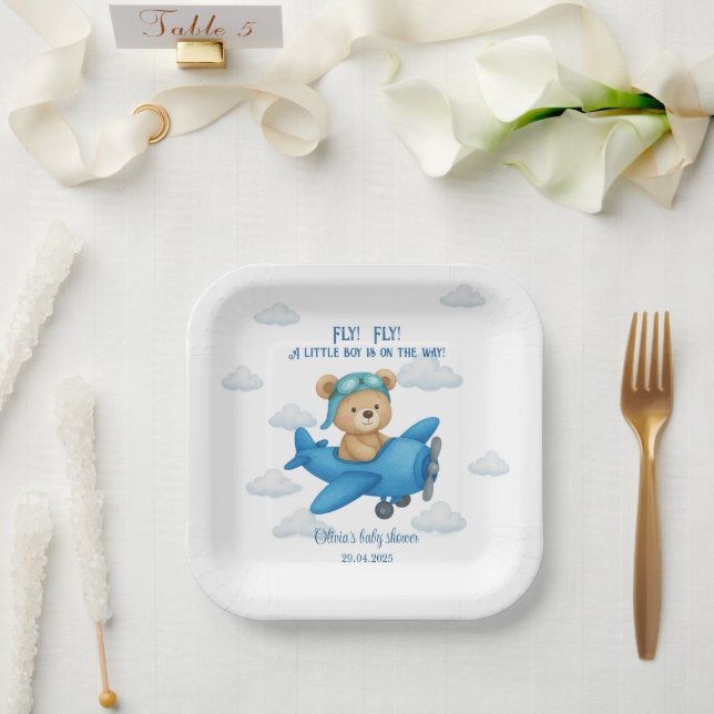 Cute Teddy Bear on Aeroplane Baby Shower |  Paper Plate (Wedding)