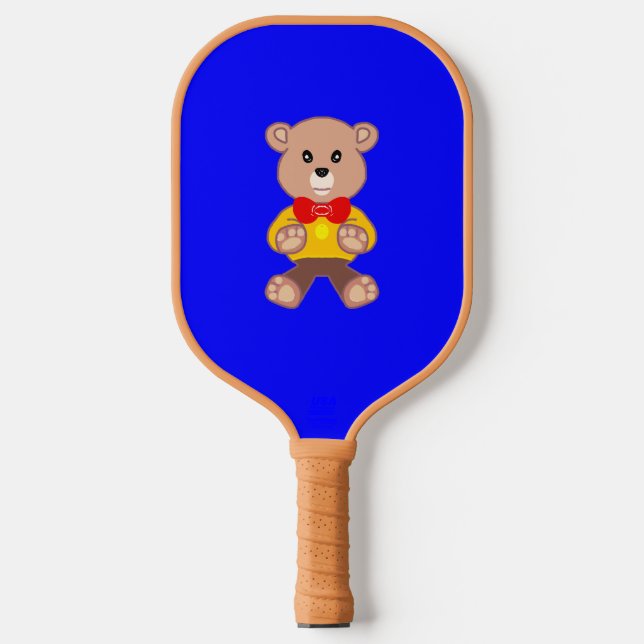 Cute Teddy Bear on Blue Pickleball Paddle (Front)
