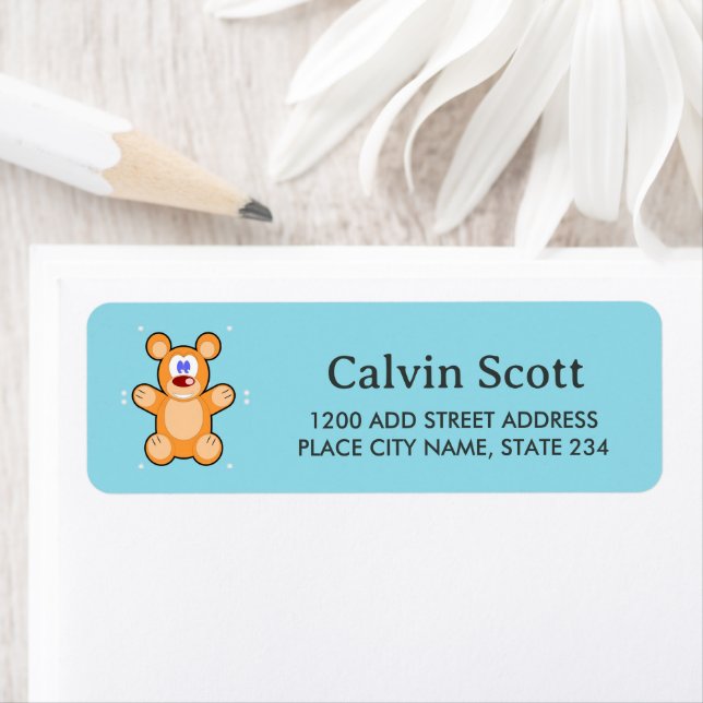 Cute teddy bear on blue return address label (Insitu)