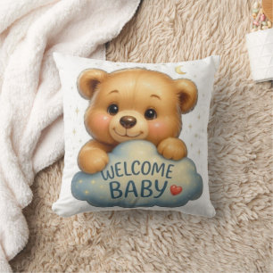 Cute Teddy Bear on Cloud Welcome Baby Art Cushion