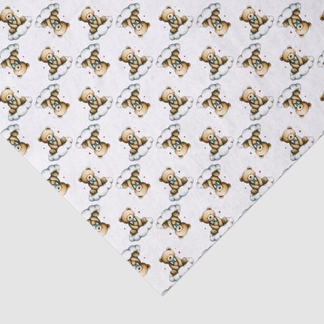 Cute Teddy Bear on Fluffy Cloud Blue Bow Tie Tissue Paper (Detail)