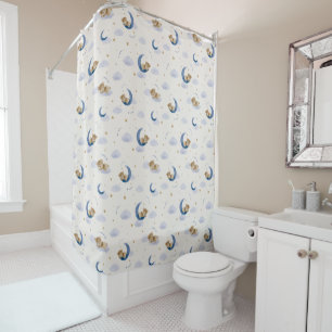 Cute Teddy Bear On Moon Soft Peach Nursery  Shower Curtain