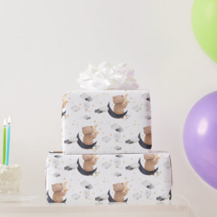 Cute Teddy Bear on Moon White Kids Wrapping Paper