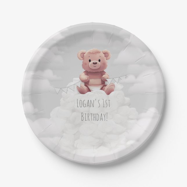 cute teddy bear on pile of diapers 1st birthday  paper plate (Front)