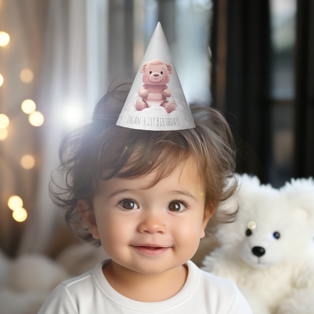 cute teddy bear on pile of diapers 1st birthday party hat (Creator Uploaded)