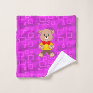 Cute Teddy Bear on Pink Geometric  Bath Towel Set
