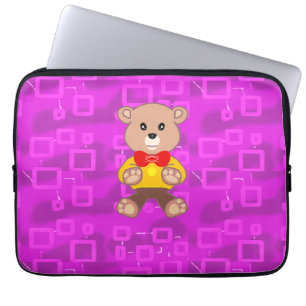 Cute Teddy Bear on Pink Geometric  Laptop Sleeve
