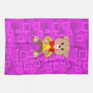Cute Teddy Bear on Pink Geometric Tea Towel