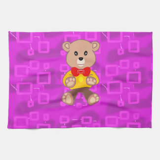 Cute Teddy Bear on Pink Geometric  Tea Towel