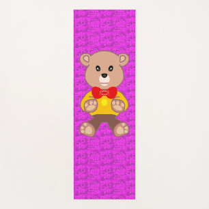 Cute Teddy Bear on Pink Geometric  Yoga Mat