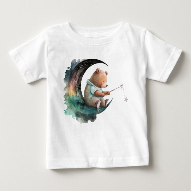 Cute Teddy Bear on the Moon, Plush Cartoon Bear Baby T-Shirt (Front)