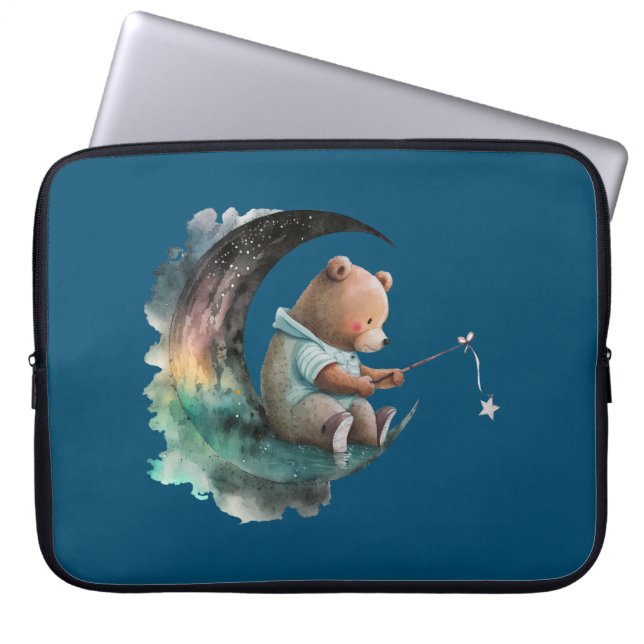 Cute Teddy Bear on the Moon, Plush Cartoon Bear Laptop Sleeve (Front)