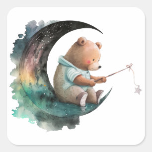 Cute Teddy Bear on the Moon, Plush Cartoon Bear Square Sticker