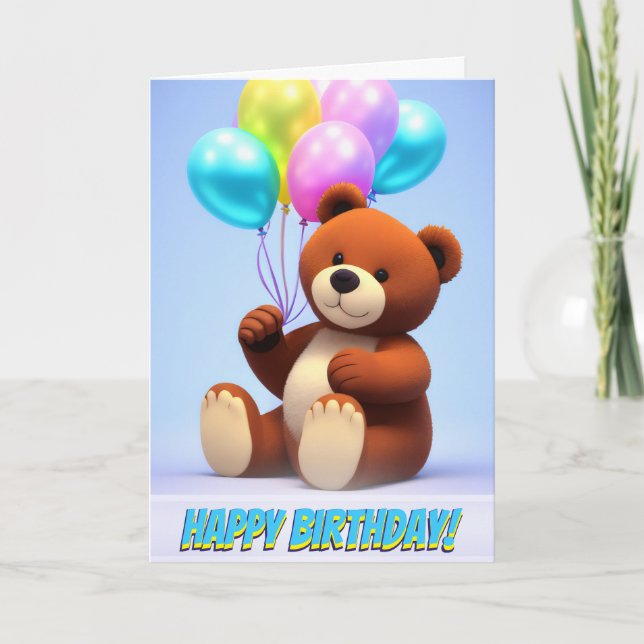 Cute Teddy Bear Party Balloons Birthday Card (Front)