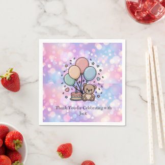 Cute Teddy Bear & Pastel Balloons Birthday Party Napkin