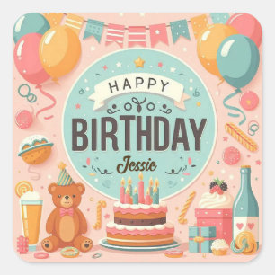 Cute Teddy Bear Pastel Pink Happy Birthday Square Sticker