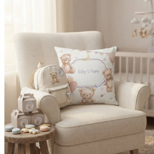 Cute Teddy Bear Pastel Purple Stars Balloons Baby  Cushion