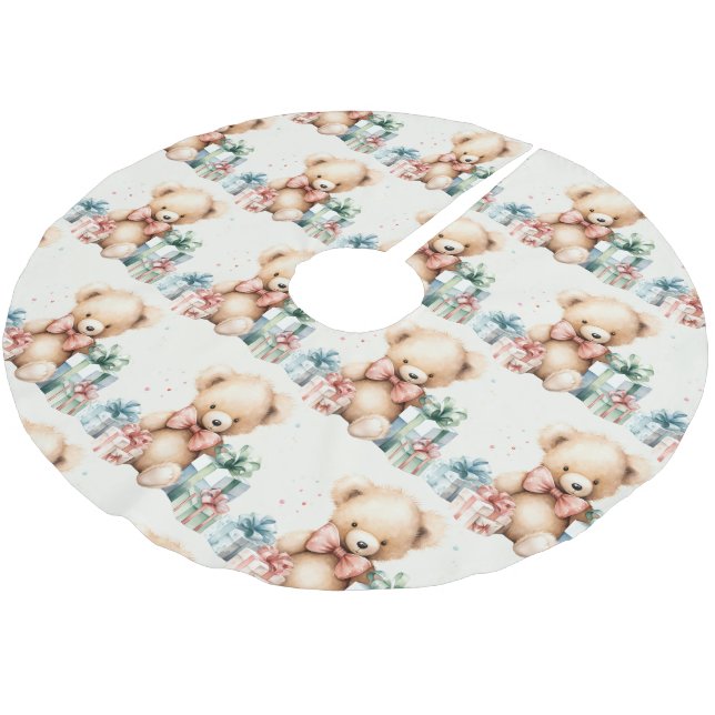 Cute Teddy Bear Pattern Christmas Brushed Polyester Tree Skirt (Angled)