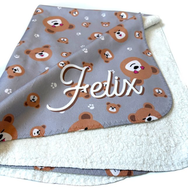 Cute Teddy Bear Pattern Personalized Sherpa Blanket (Cute teddy bear gender neutral personalized baby blanket, modern script.)