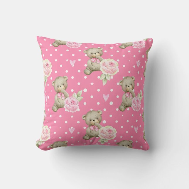 Cute Teddy Bear & Peony Floral Pink Pattern Cushion (Front)
