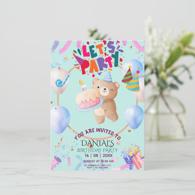 Cute Teddy Bear Personalised Birthday Invitation  (Standing Front)
