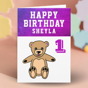 Cute Teddy Bear Photo Girl 1st Birthday   Card